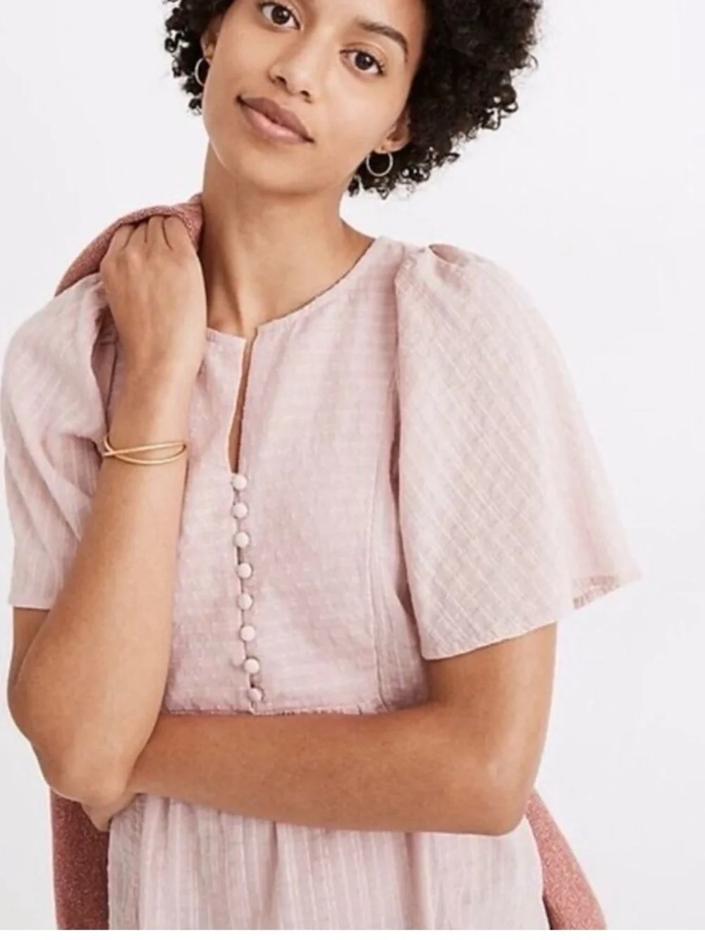 Madewell Courtyard Flutter Pink Button-Front Puff-Sleeve Blouse Top Capsule | S